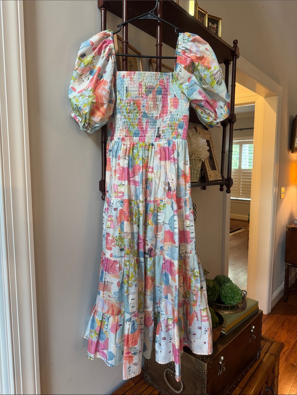 PINCH Pastel Watercolor Puff-Sleeve Smocked Dress